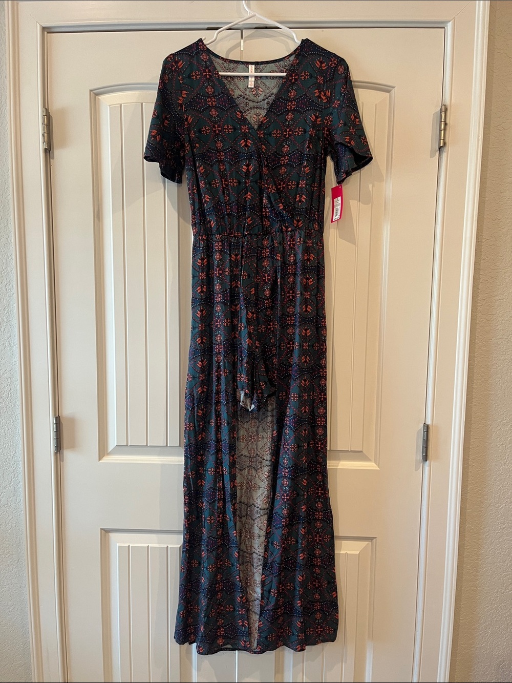 Xhilaration Dark teal low rise romper with coral/pink/purple Floral Medallions